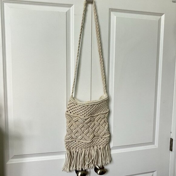 Straw Studios Macrame Bag Off White Woven Boho Fringe Crossbody - Picture 2 of 9